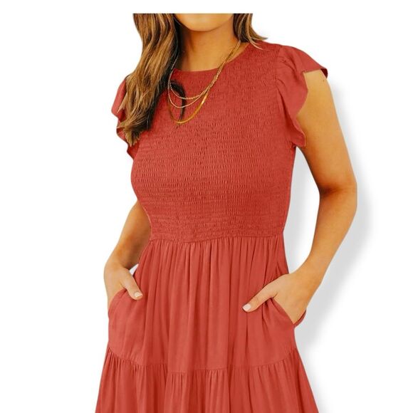 Cottagecore Smocked Tiered Midi Dress Flutter Sleeve Crewneck Rust Orange S NWT - Picture 3 of 16